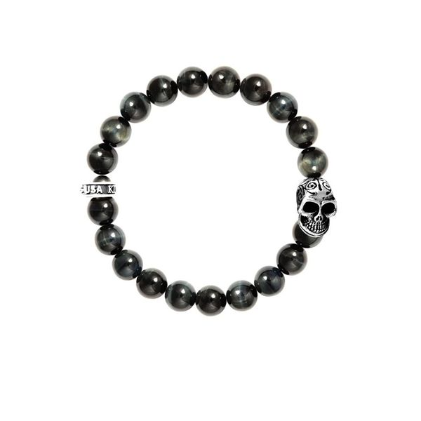 King Baby - 10mm Blue Tiger Eye Bracelet w/Day of the Dead Skull -8.75