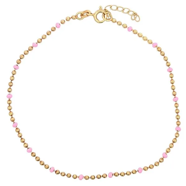 Reign Sterling Silver with Gold Plating 2mm Bead with Pink Enamel Anklet 9+1