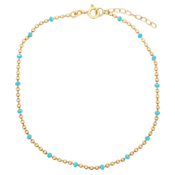 Reign Sterling Silver with Gold Plating 2mm Bead with Blue Enamel Anklet 9+1