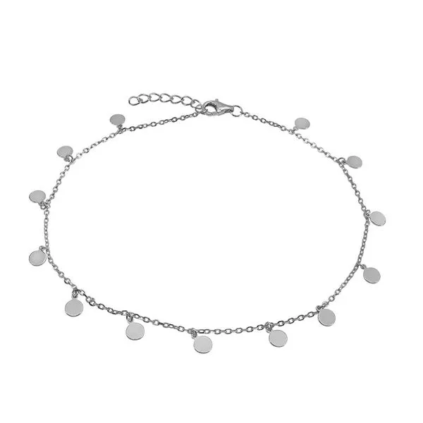 Sterling silver with rhodium,  flat round disc anklet, 9