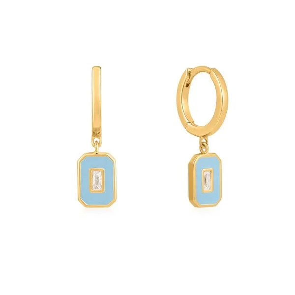 Powder Blue Enamel Emblem Gold Hoop Earrings Harmony Jewellers Grimsby, ON