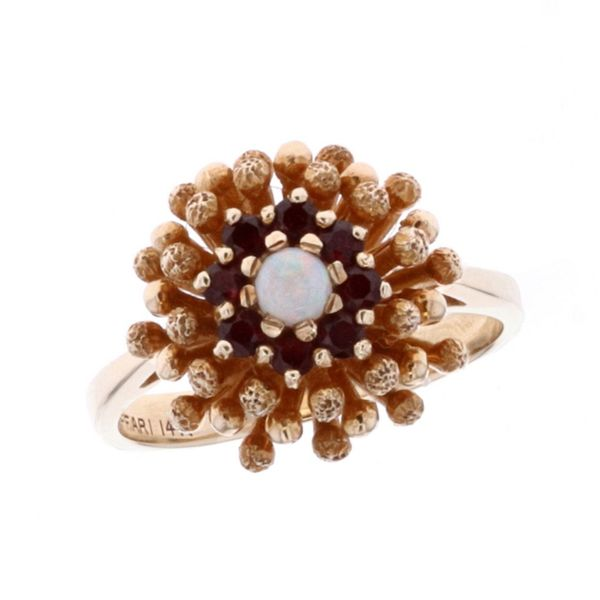 14KT Yellow Gold Natural Almandite Garnet and White Opal Ring Harmony Jewellers Grimsby, ON