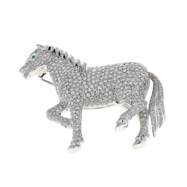 18KT White Gold Natural Emerald and 6.50ctw Diamond Estate Horse Brooch Image 2 Harmony Jewellers Grimsby, ON