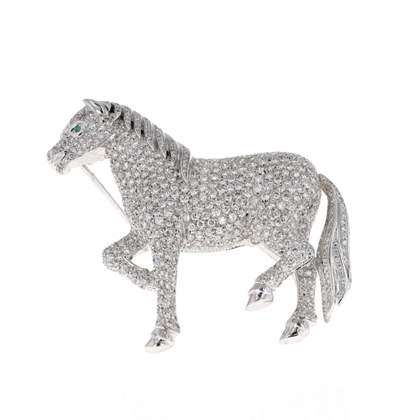 18KT White Gold Natural Emerald and 6.50ctw Diamond Estate Horse Brooch Harmony Jewellers Grimsby, ON
