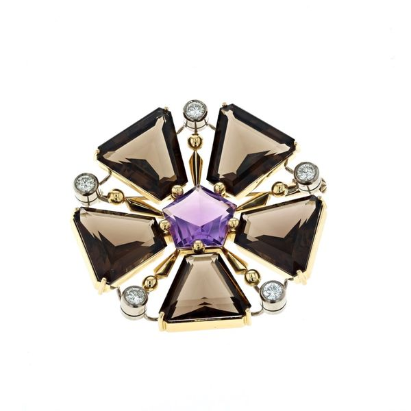 18KT Yellow and White Gold Natural Smoky Quartz, Natural Amethyst, and 0.77ctw Diamond Estate Brooch Harmony Jewellers Grimsby, ON