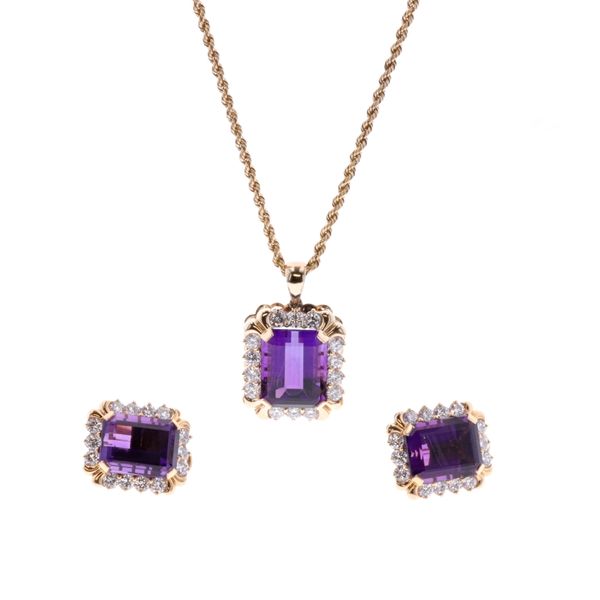 18KT Yellow Gold Amethyst and Diamond Necklace and Matching Earrings Harmony Jewellers Grimsby, ON
