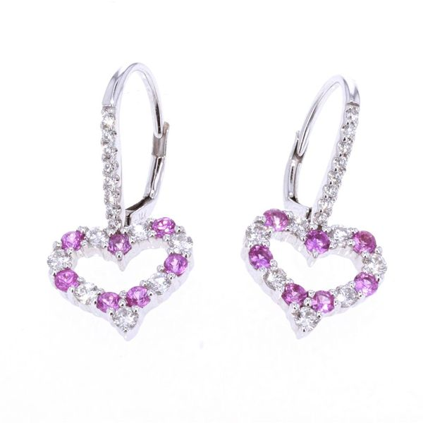 14KT White Gold Pink Sapphire and 0.47ctw Diamond Heart Earrings Image 2 Harmony Jewellers Grimsby, ON