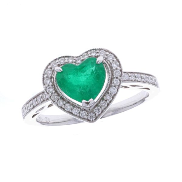 18KT White Gold Emerald and Diamond Heart Estate Ring Harmony Jewellers Grimsby, ON