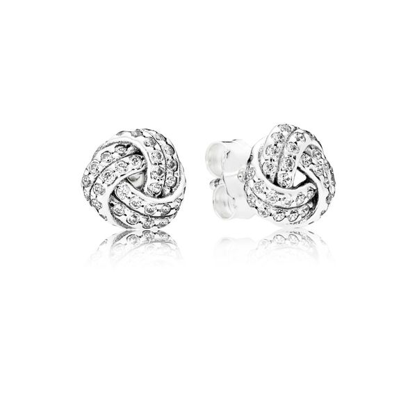 Love knot silver stud earrings with clear cubic zirconia Harmony Jewellers Grimsby, ON