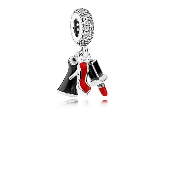 Dangle in sterling silver with stiletto, dress, lipstick, clear CZ, red and black enamel Harmony Jewellers Grimsby, ON