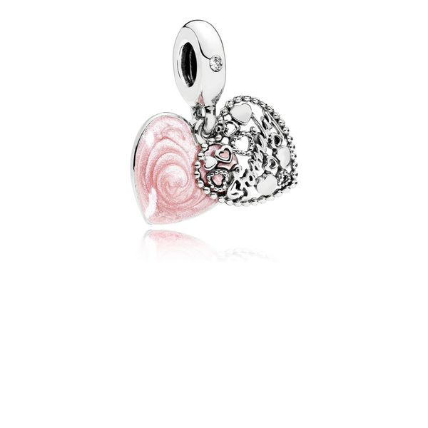 Heart dangle in sterling silver with engraving, shimmering pink enamel and clear CZ Harmony Jewellers Grimsby, ON