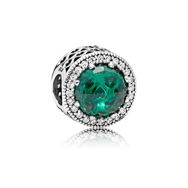 Abstract openwork charm in sterling silver with sea green crystals and clear CZ Harmony Jewellers Grimsby, ON