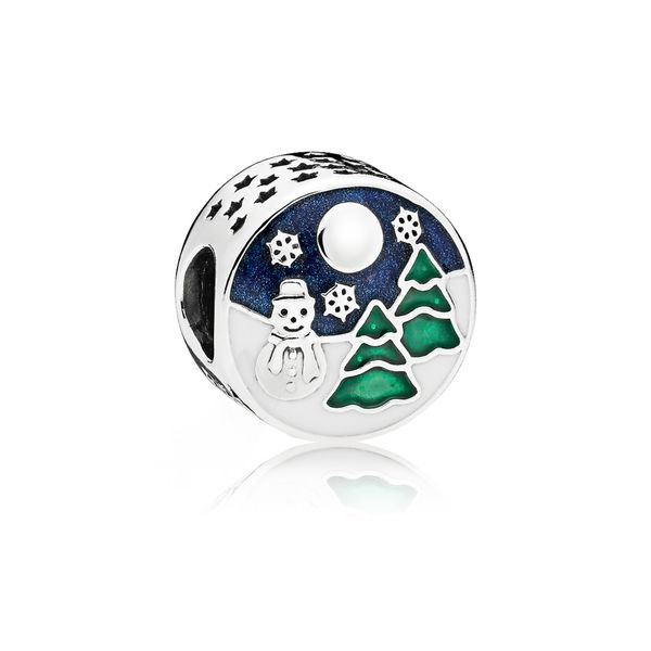 Winter scenery charm in sterling silver with white, shimmering blue and glittering green enamel Harmony Jewellers Grimsby, ON