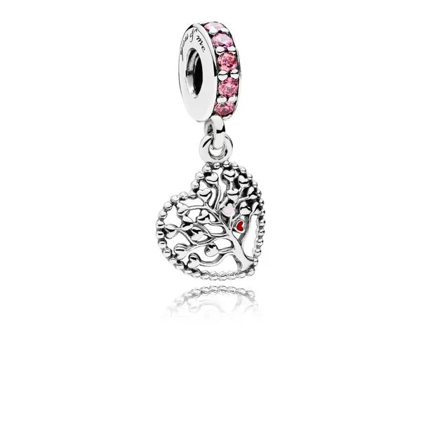 Heart silver dangle with red, pink enamel and mixed pink stones Harmony Jewellers Grimsby, ON