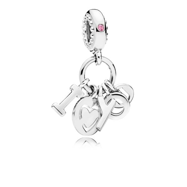 I love you silver dangle with fancy fuchsia pink CZ Harmony Jewellers Grimsby, ON