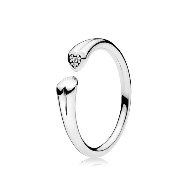 Two hearts open ring in sterling silver with 3 micro bead-set clear CZ Harmony Jewellers Grimsby, ON