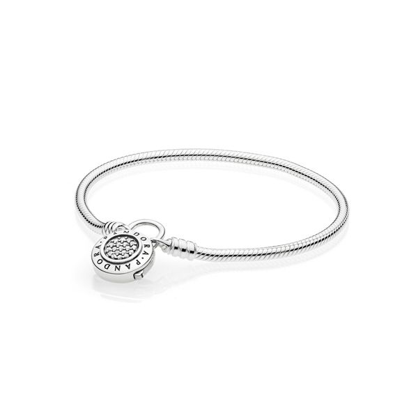 Snake chain bracelet in sterling silver and PANDORA logo padlock clasp with 19 pave-set clear CZ Harmony Jewellers Grimsby, ON