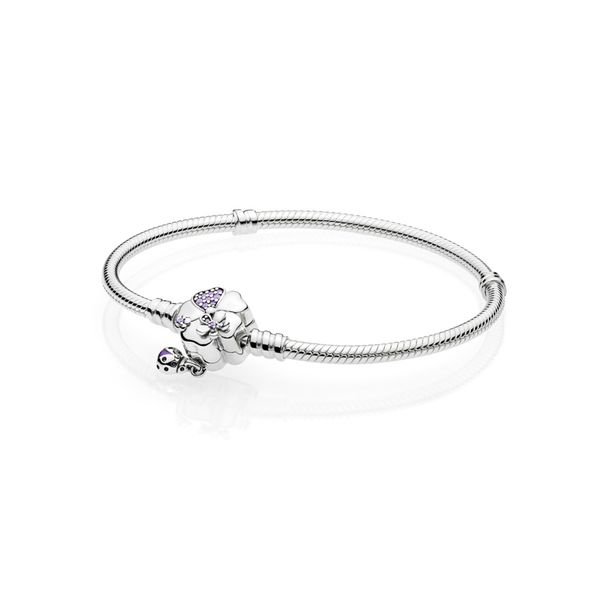 Snake chain bracelet in sterling silver with flower and ladybug clasp Harmony Jewellers Grimsby, ON