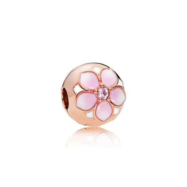 Magnolia clip in Rose with 2 bead-set blush pink crystals, white and shaded light cerise enamel Harmony Jewellers Grimsby, ON