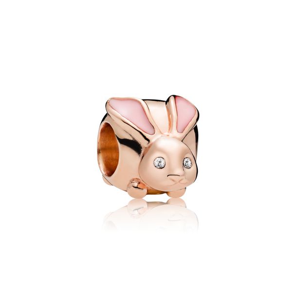 Rabbit charm in Rose with transparent pale pink enamel and 2 flush-set clear CZ Harmony Jewellers Grimsby, ON