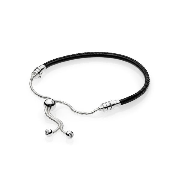 Sld Leather Black Clear CZ Sterling silver bracelet with black leather and sliding clasp Harmony Jewellers Grimsby, ON