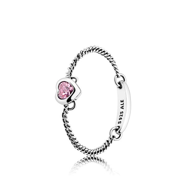 Spirited Heart Pink CZ Chain ring in sterling silver with 1 bezel-set heart-shaped pink CZ Harmony Jewellers Grimsby, ON