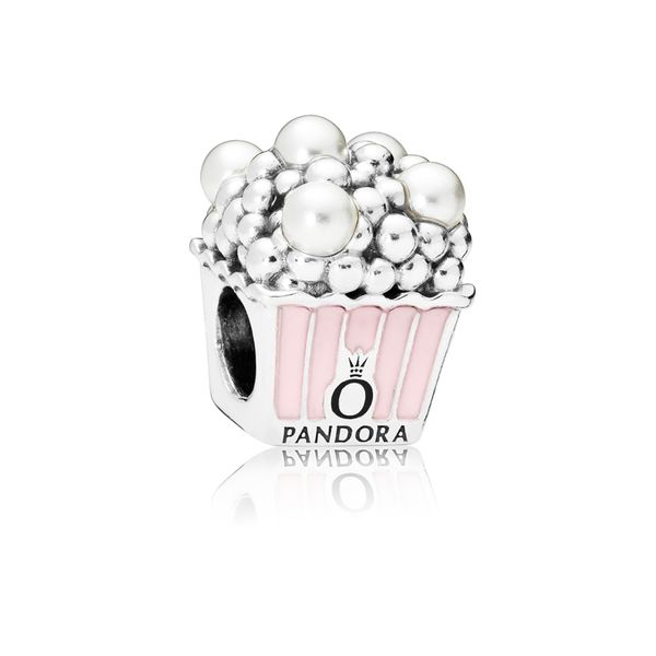 Delicious Popcorn Pink EnamelWhite Crystal Pearls Popcorn charm in sterling silver with transparent pale pink enamel and 5 peg-s Harmony Jewellers Grimsby, ON