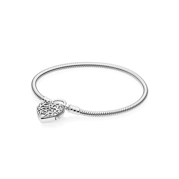 Snake chain bracelet in sterling silver and regal pattern heart padlock clasp Harmony Jewellers Grimsby, ON