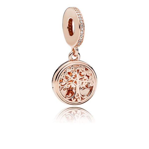 Family tree openable dangle in Rose with 31 micro bead-set clear CZ and engraving 
