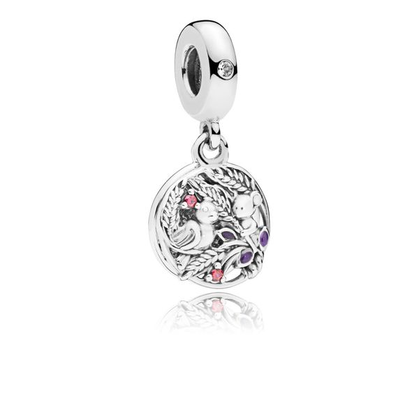 Wheatfield bird and mouse dangle in sterling silver with translucent purple enamel, 2 bead-set red CZ and 1 bezel-set clear CZ a Harmony Jewellers Grimsby, ON