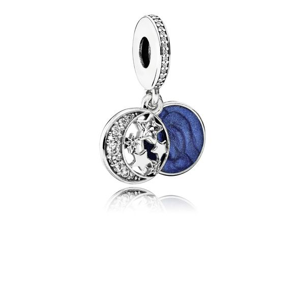 Moon and star silver dangle with clear CZ and blue enamel Harmony Jewellers Grimsby, ON