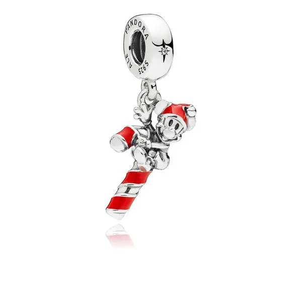 Disney Mickey candy cane dangle in sterling silver with red enamel and 2 flush-set clear CZ in star details Harmony Jewellers Grimsby, ON