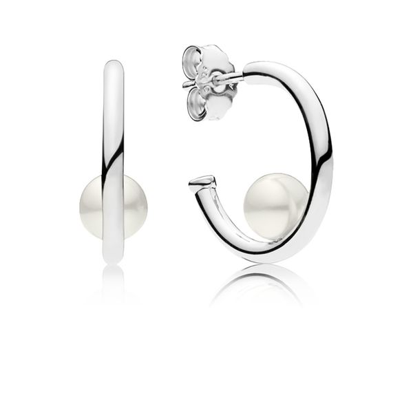 Hoop earrings in sterling silver with 2 peg-set white freshwater cultured pearls Harmony Jewellers Grimsby, ON