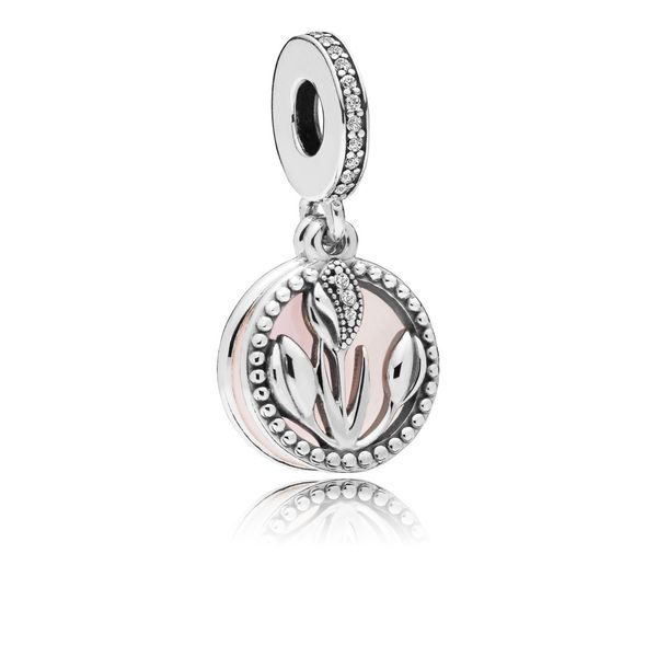 Tulip silver dangle with clear CZ, white and shaded pink enamel Harmony Jewellers Grimsby, ON