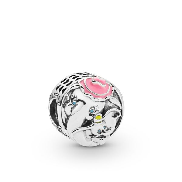 Disney Dumbo and Mrs. Jumbo charm in sterling silver with medium pink, blue mist, sunshine yellow enamel and engraving 