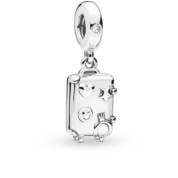 Suitcase dangle in sterling silver with transparent pale pink enamel, 1 flush-set clear CZ and engraving 