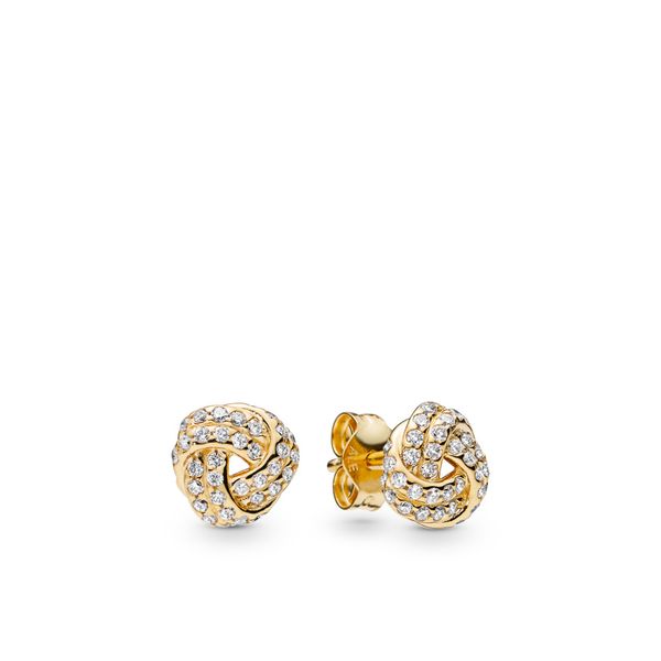 Love knot stud earrings in Pandora Shine with 78 flush-set clear CZ Harmony Jewellers Grimsby, ON