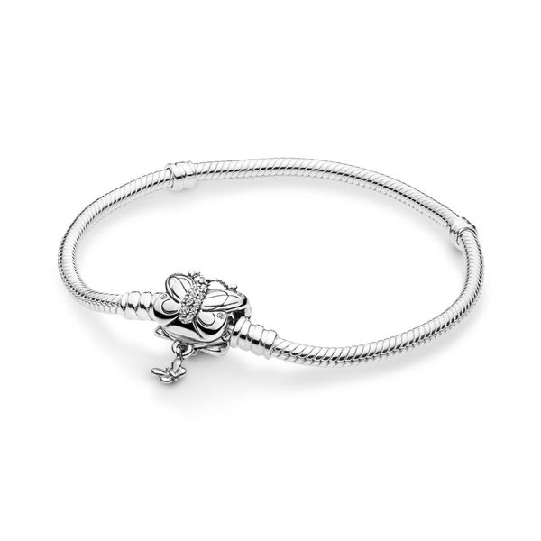 Snake chain bracelet in sterling silver and butterfly clasp with 30 bead-set and 8 flush-set clear CZ Harmony Jewellers Grimsby, ON