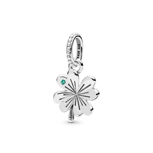 Clover pendant in sterling silver with 1 flush-set aqua green crystal Harmony Jewellers Grimsby, ON