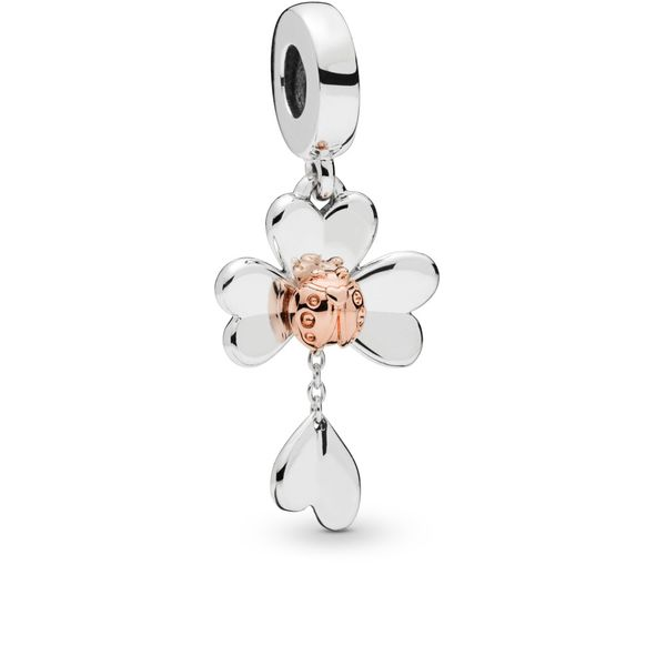 Clover and ladybird dangle in Rose and sterling silver with engraving 
