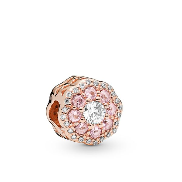 Flower charm in Rose with 16 bead-set pink mist crystals and 50 bead-set clear CZ Harmony Jewellers Grimsby, ON