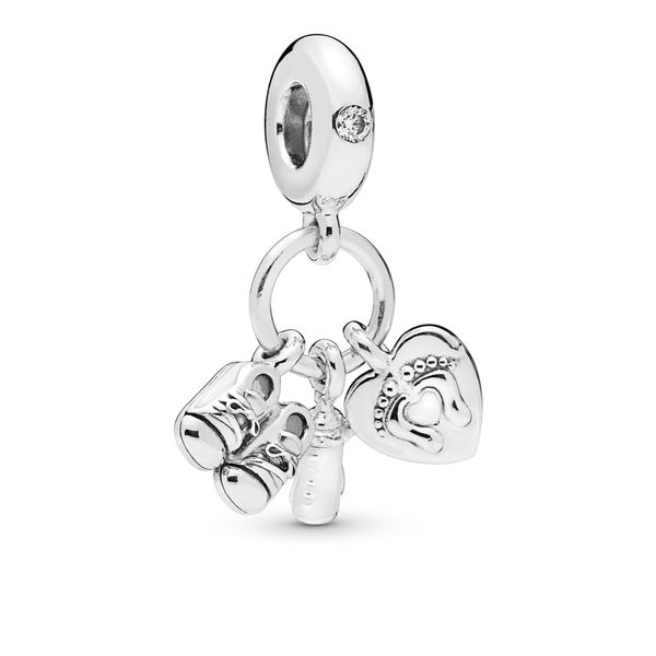 Shoes, baby bottle and heart silver dangle with clear CZ and white enamel Harmony Jewellers Grimsby, ON