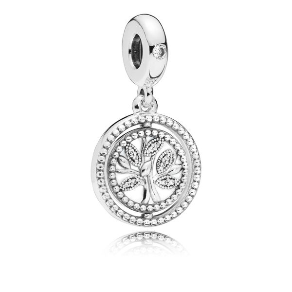 Spinning tree of life silver dangle with clear CZ and white enamel Harmony Jewellers Grimsby, ON