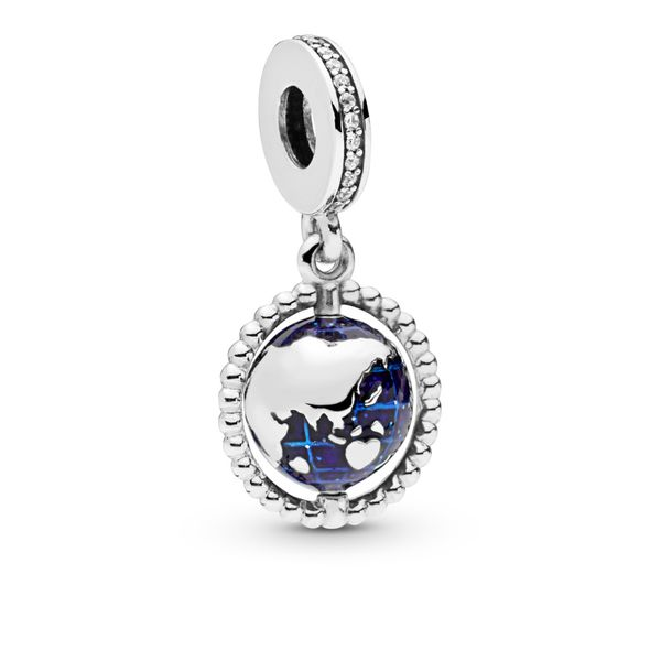 Globe silver dangle with clear CZ and blue enamel Harmony Jewellers Grimsby, ON