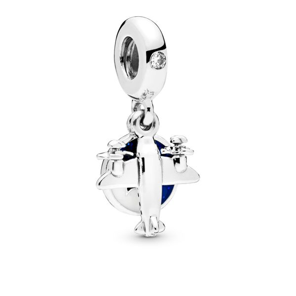 Airplane silver dangle with clear CZ, blue and white enamel Harmony Jewellers Grimsby, ON