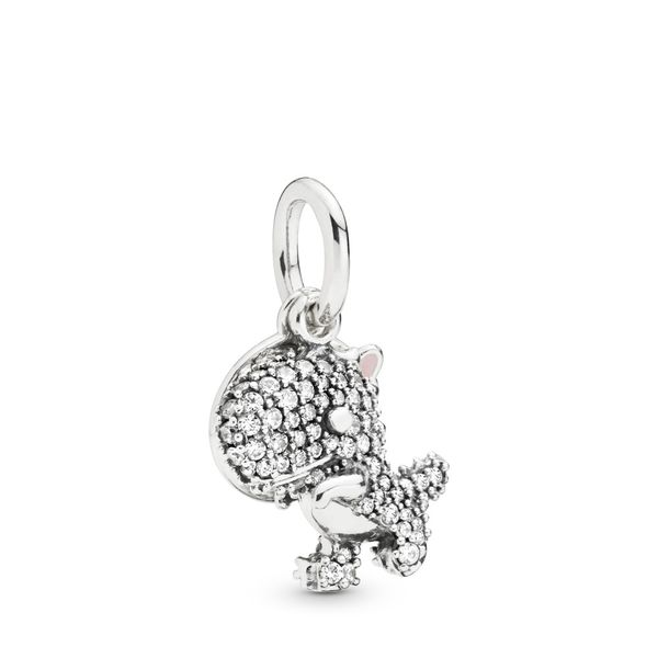 Dinosaur silver dangle with clear CZ and pink enamel Harmony Jewellers Grimsby, ON