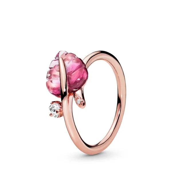 Leaf Rose ring with pink Murano glass and clear CZ Harmony Jewellers Grimsby, ON