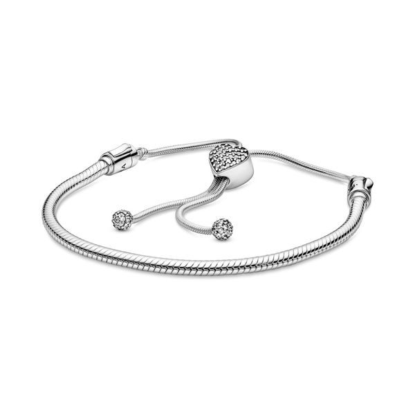 Snake chain sterling silver slider bracelet and heart clasp with clear cubic zirconia Harmony Jewellers Grimsby, ON