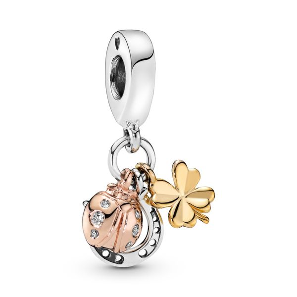 Horseshoe, clover and ladybird in silver, Pandora Shine and Pandora Rose dangle with clear cubic zirconia Harmony Jewellers Grimsby, ON