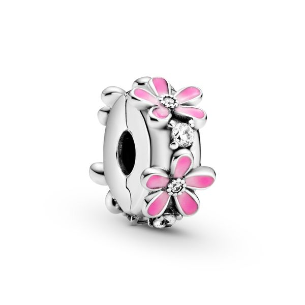 Daisy sterling silver clip with clear CZ, shaded pink enamel and silicone grip Harmony Jewellers Grimsby, ON